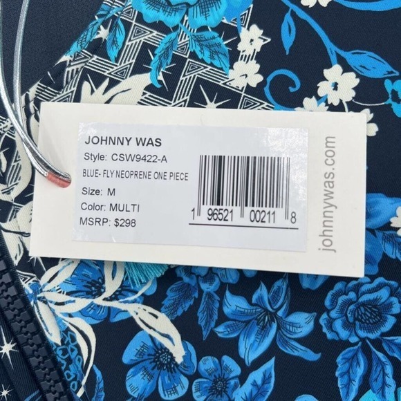 Johnny Was Fly Womens Zip Swimsuit Blue Floral Short Sleeve Neoprene One Piece M - Picture 7 of 9